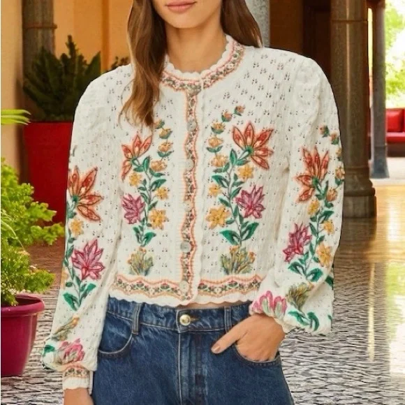 Farm Rio Off-White Garden Delight Knit Cardigan NWT - Picture 3 of 14